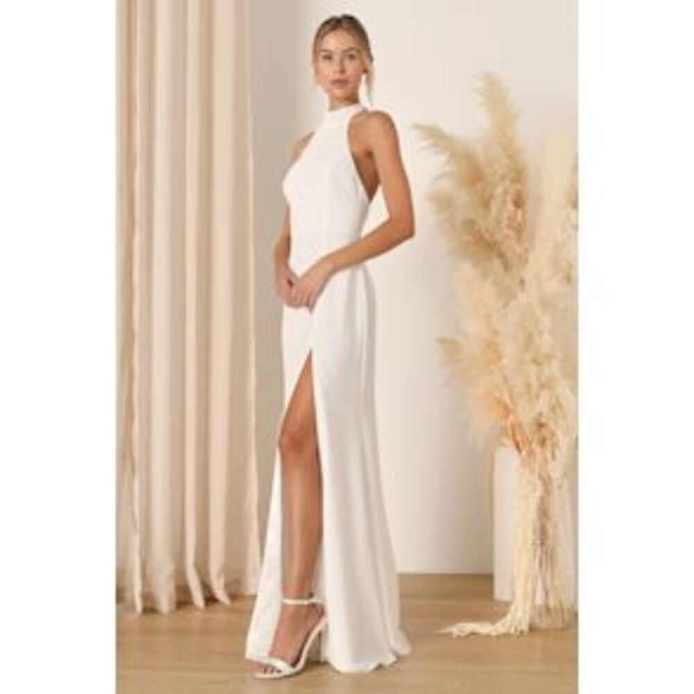 Lulu's White High-Neck Halter Gown with Thigh Slit